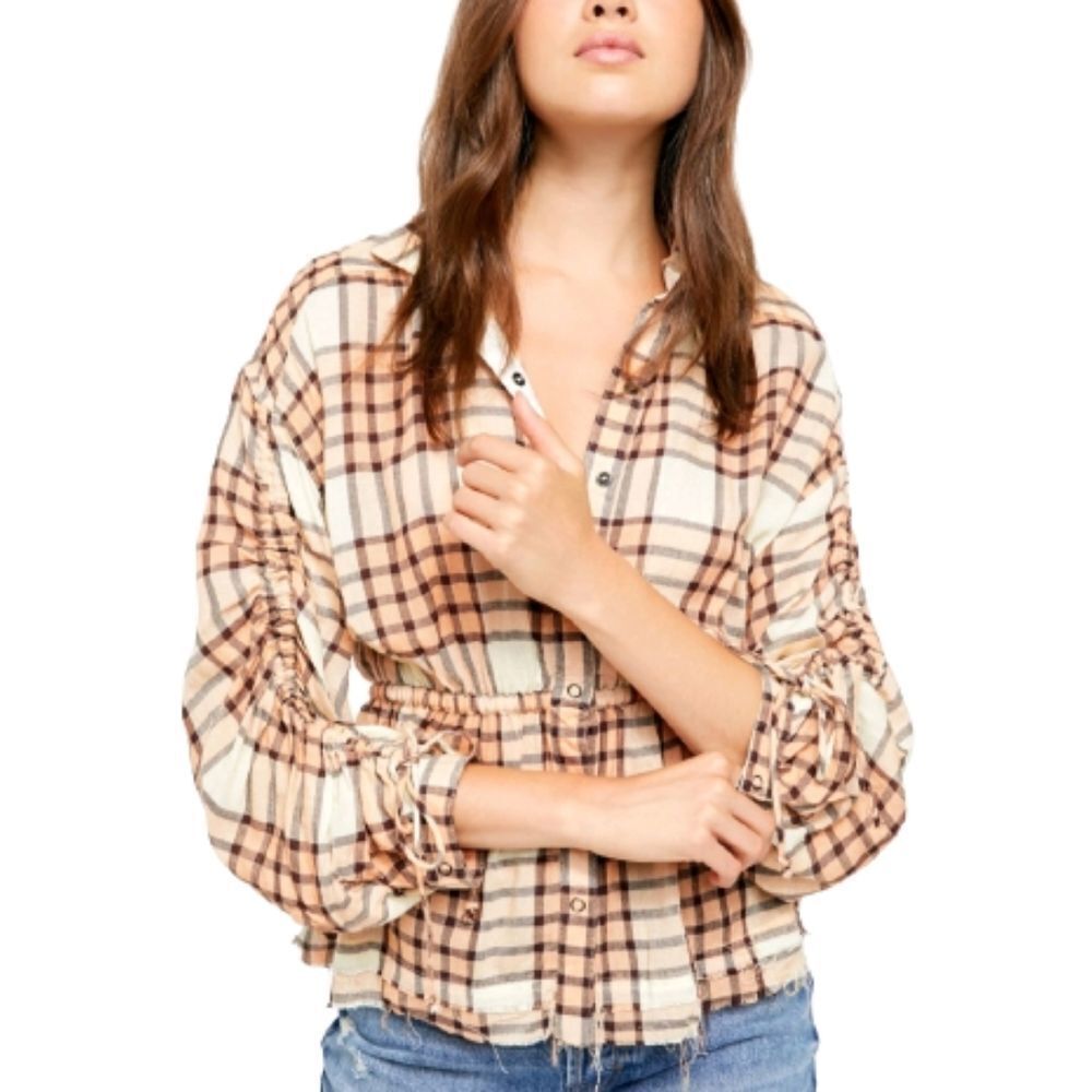 FREE PEOPLE Pacific Dawn Plaid Peach Tree Combo button Up Top Womens Size XSmall